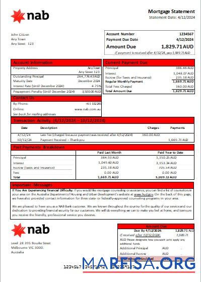 Realistic Australia NAB bank mortgage statement scr real example